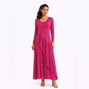 Soft Surroundings Pink Ruffle Maxi Dress Long Sleeve Asymmetric Size Small
